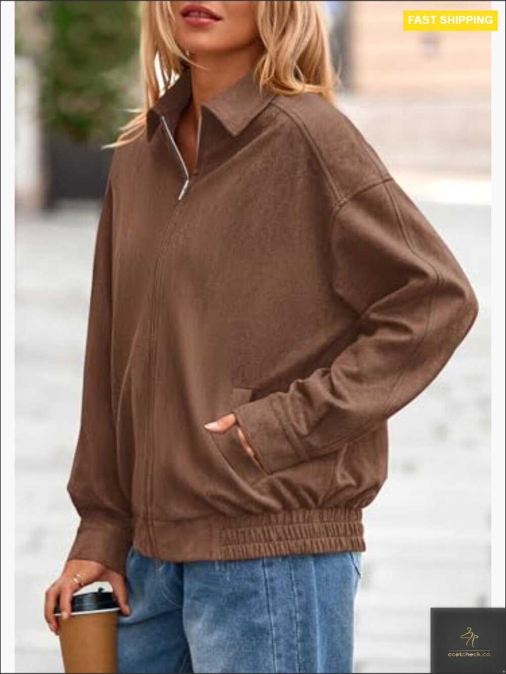 Faux Suede Bomber Jacket Oversized Aviator Style Zip Up Relaxed Fit - Picture 5 of 7